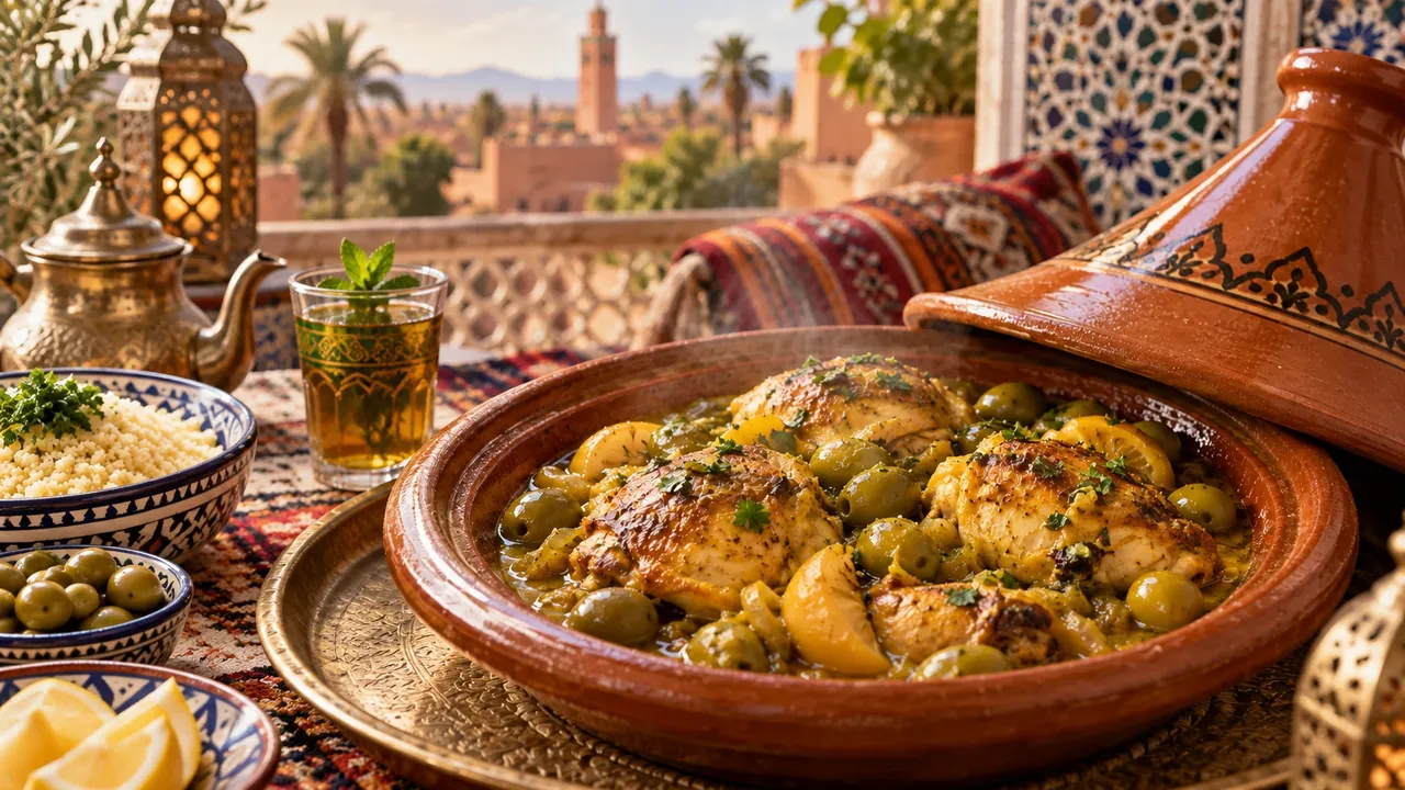 Tajín marroquí de pollo con limón y aceitunas: Pollo cocido lentamente con limón en conserva, aceitunas verdes, cebolla, hierbas y especias aromáticas en un tajín marroquí.