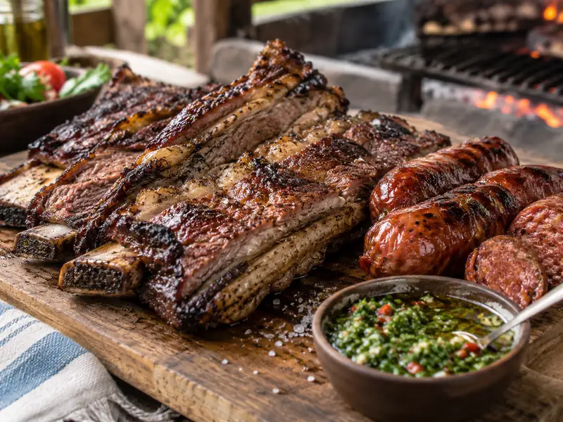 Asado argentino a la parrilla: Parrillada argentina de tira de asado, vacío y chorizos cocinados lentamente sobre brasas.