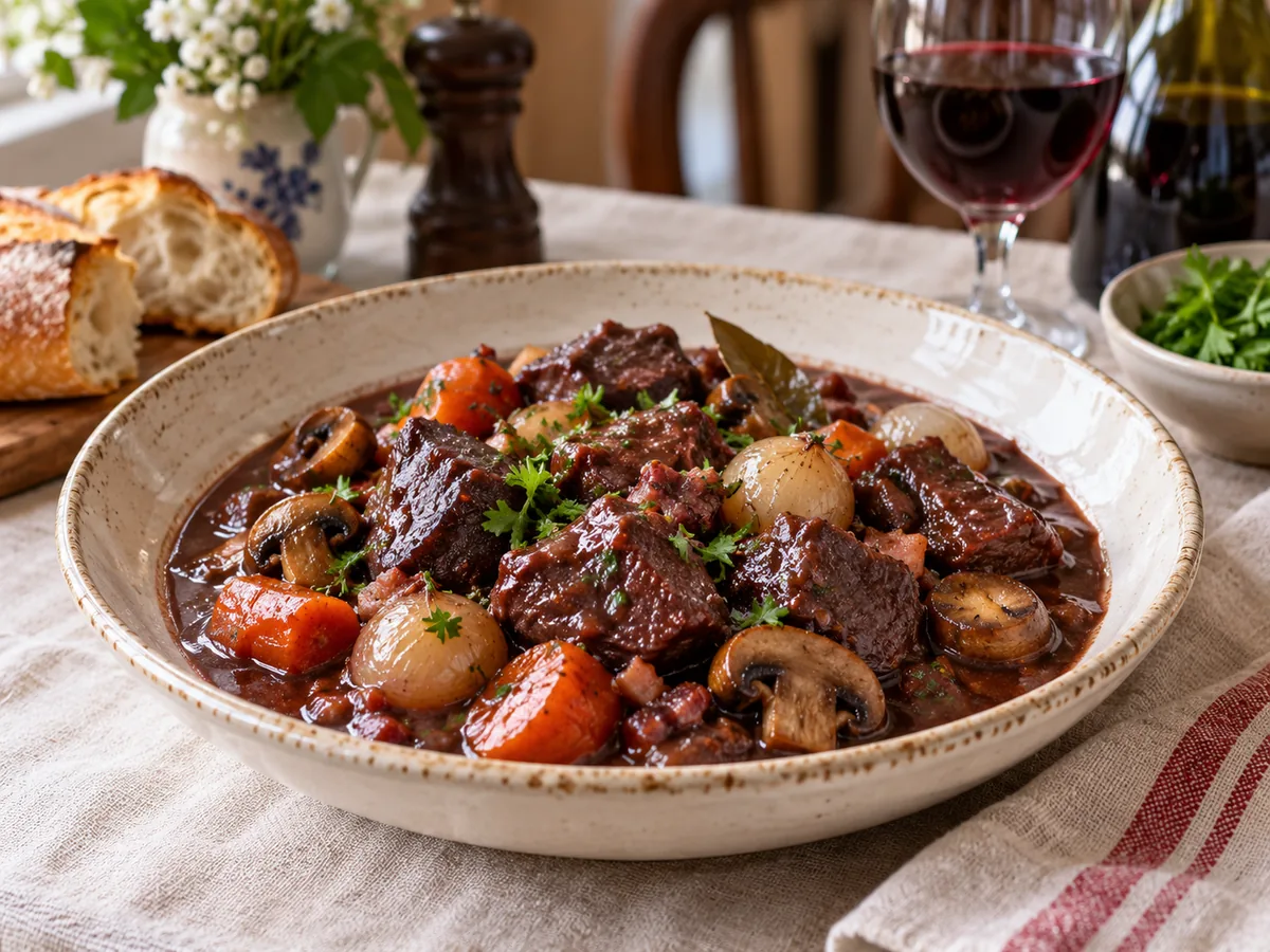 Boeuf bourguignon: Estofado borgoñón de res al vino tinto con champiñones, zanahoria y cebollitas.