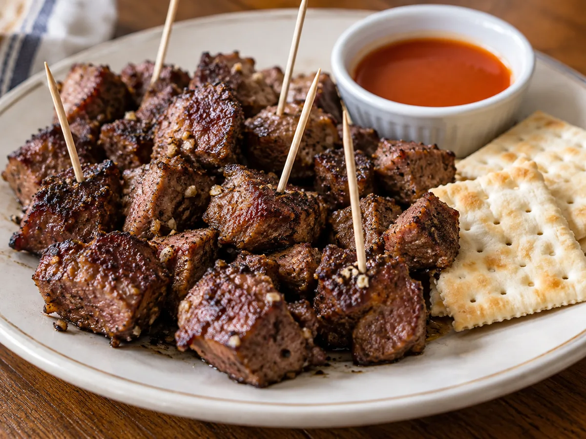 Chislic de Dakota del Sur: Cubos de carne roja (cordero, res o bisonte) sazonados y fritos o asados, servidos en palillo con galleta salada.