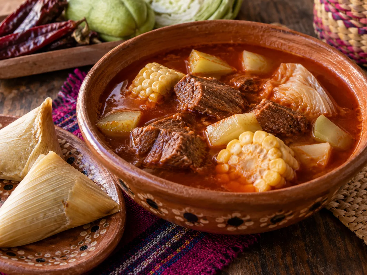Churipo: Caldo rojo purépecha de res con chile guajillo y verduras, tradicionalmente acompañado de corundas.