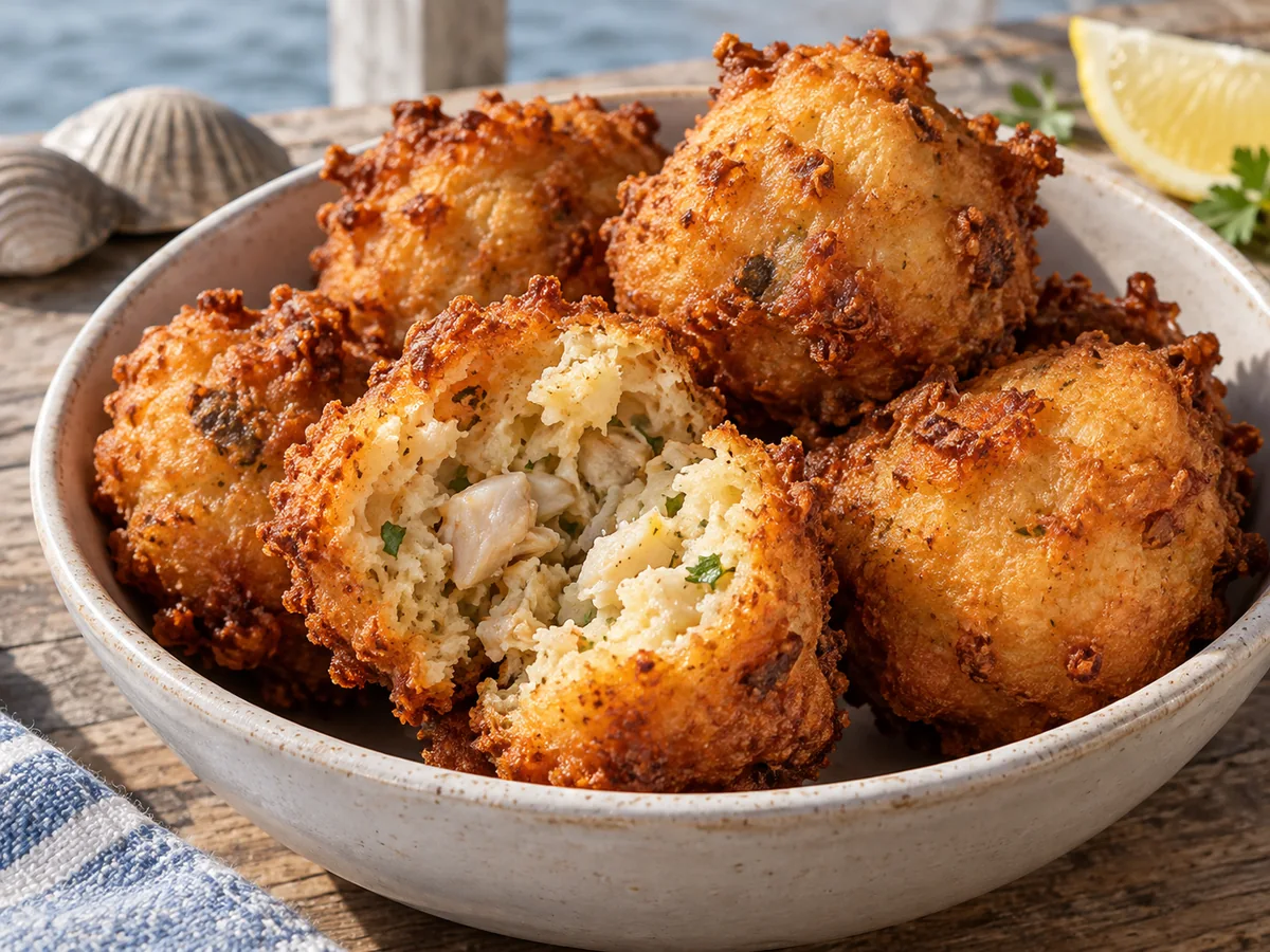 Clam cakes de Rhode Island: Bolitas fritas de masa con almeja picada, crujientes por fuera y esponjosas por dentro, clásicas de los shacks costeros.