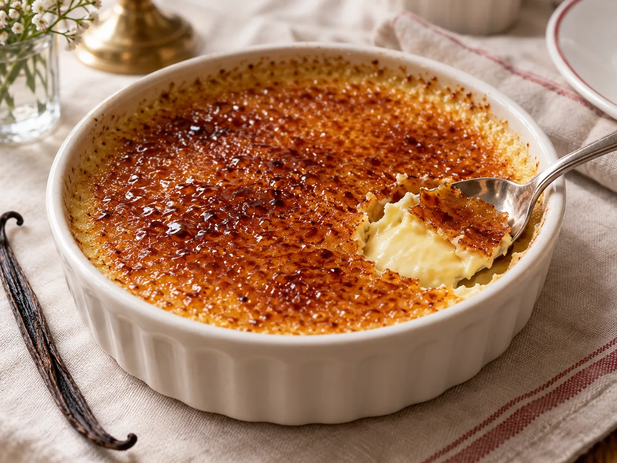 Crème brûlée de vainilla: Crema francesa de vainilla horneada con una capa fina y crujiente de azúcar caramelizado.
