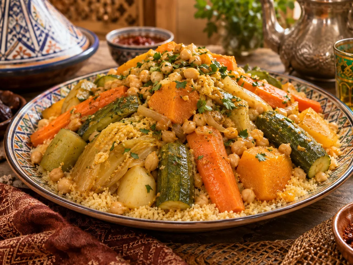 Cuscús marroquí con siete verduras: Cuscús esponjoso con garbanzos y siete verduras cocidas en un caldo especiado, servido como un plato abundante para compartir.