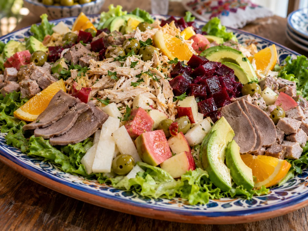 Fiambre estilo San Miguel de Allende: Ensalada fría de carnes, frutas y verduras maceradas en vinagreta, típica del Día de Todos los Santos.