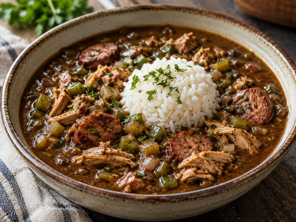 Gumbo: Guiso de Luisiana con pollo, andouille y verduras, espesado con un roux oscuro de harina y aceite.
