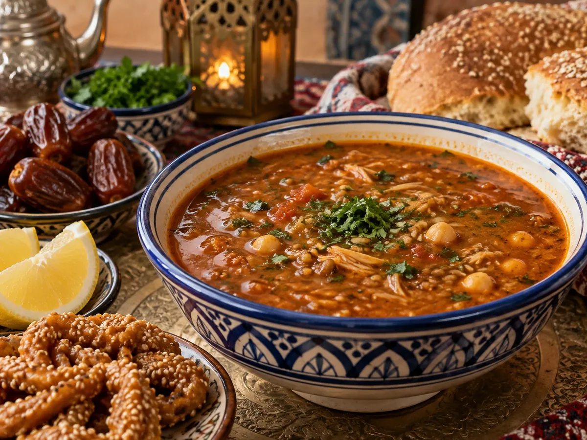Harira marroquí tradicional: Sopa marroquí de tomate, garbanzos, lentejas, hierbas, carne y fideos finos, espesa y reconfortante.