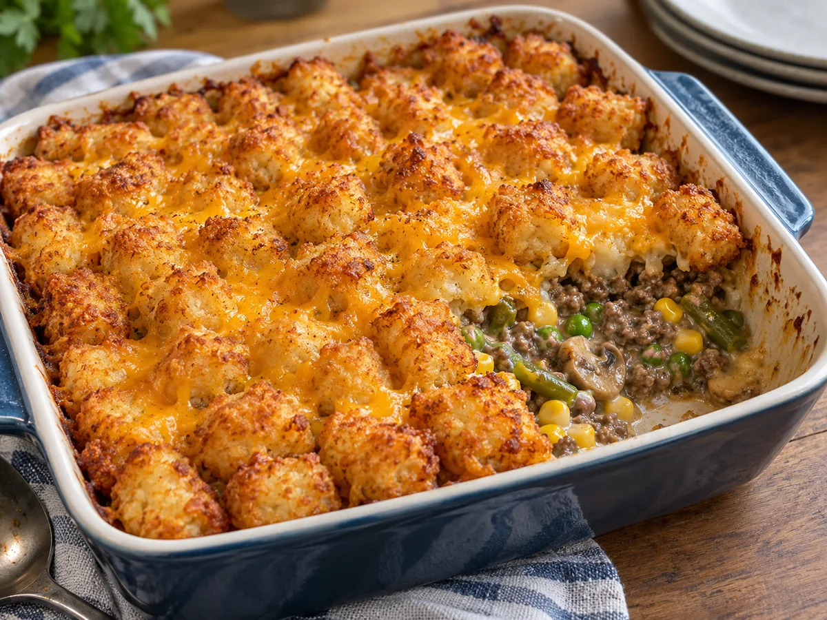 Hotdish de tater tots: Guiso al horno de carne molida, verduras y crema, cubierto con una capa dorada de croquetas de papa (tater tots).