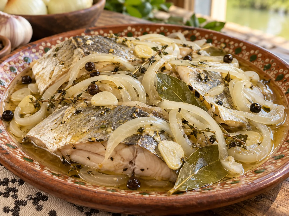 Pámpano en escabeche: Pescado pámpano cocido y marinado en un escabeche de vinagre, cebolla, ajo y especias, típico de la cocina ribereña campechana.