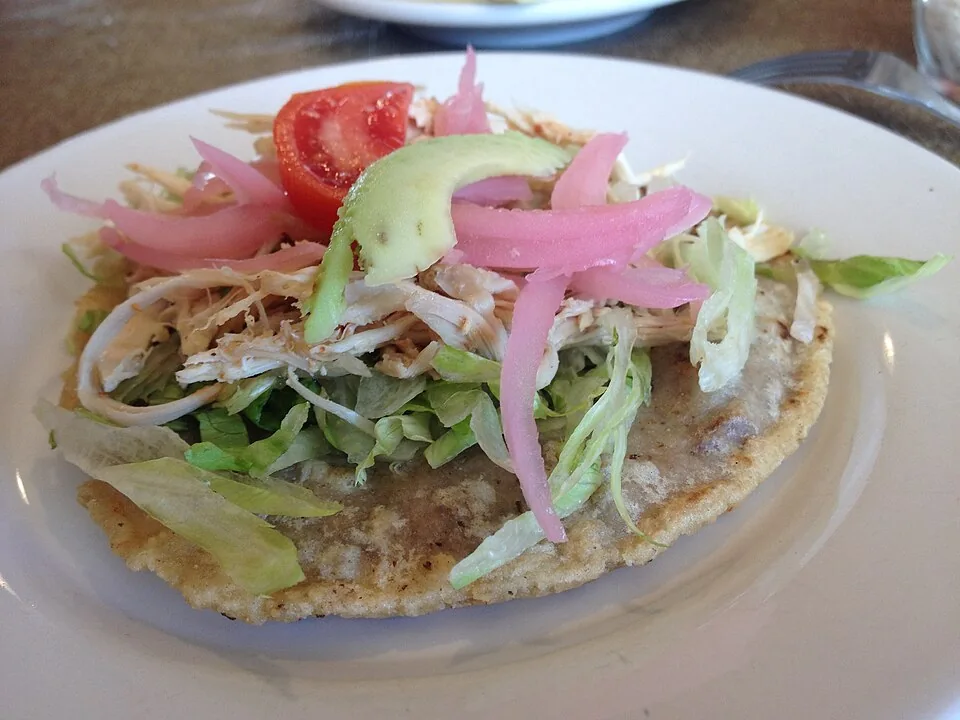 Panuchos: Tortilla rellena de frijol refrito y frita, coronada con cochinita o pavo, cebolla curtida y aguacate.