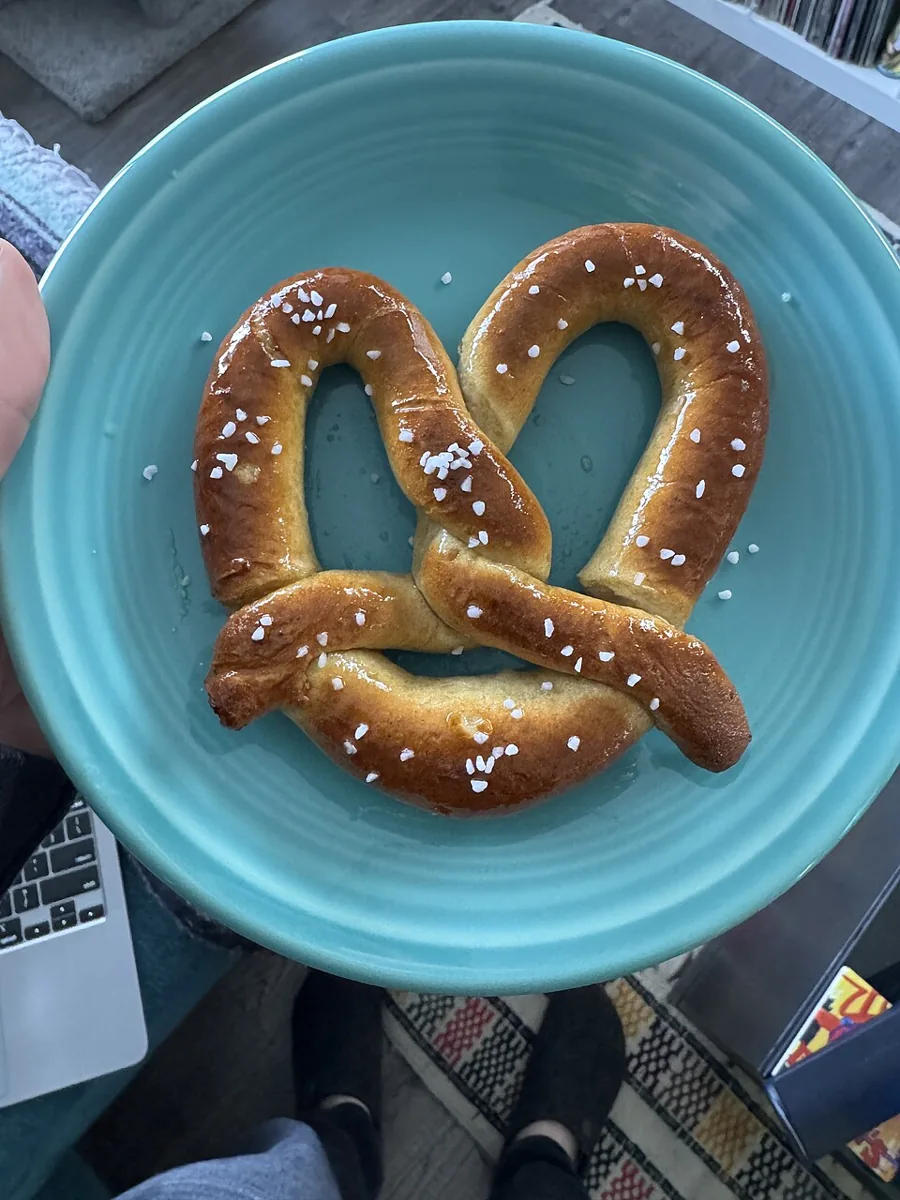Philadelphia soft pretzel: Pretzel horneado grande y blando, con costra dorada y sal gruesa, vendido en las calles de Filadelfia con mostaza.