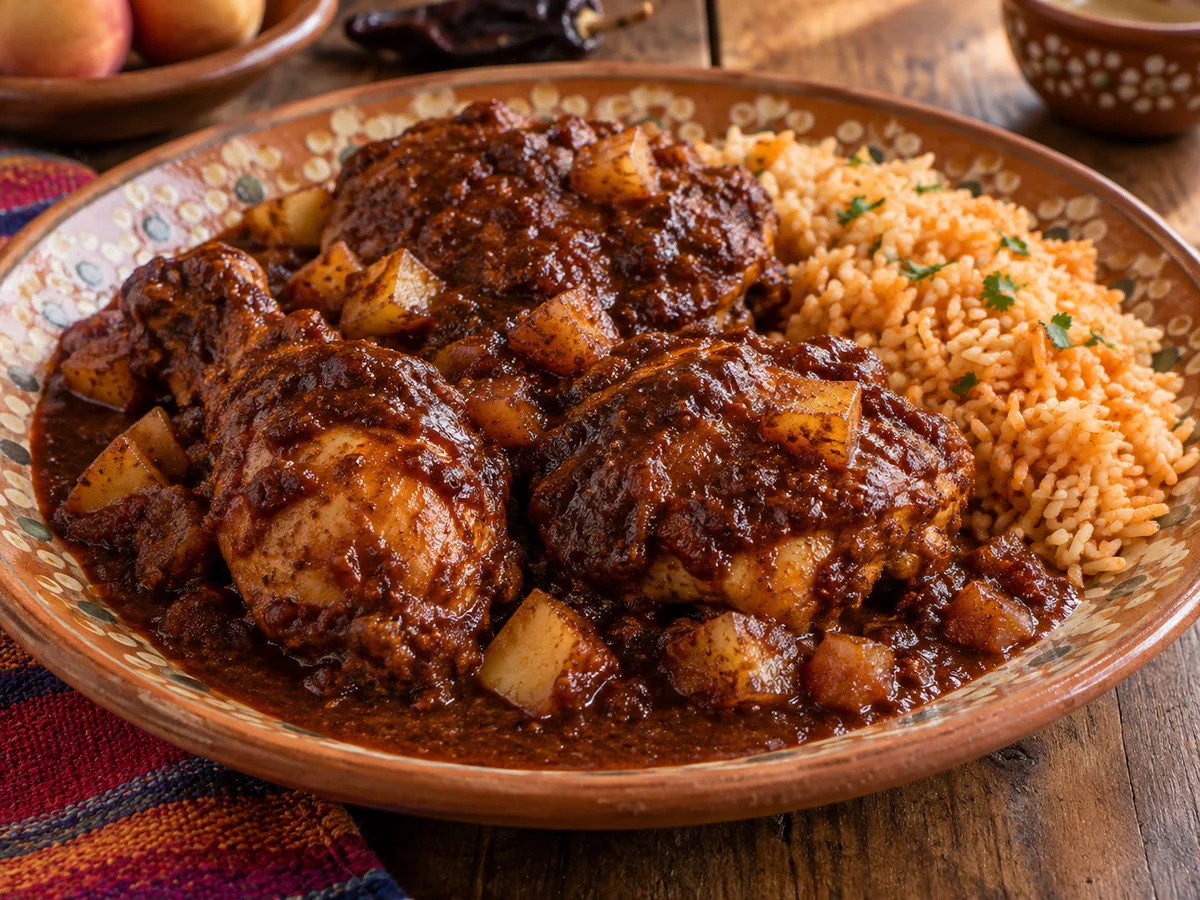 Pollo de San Marcos: Pollo dorado bañado en una salsa de chiles secos con un toque dulce de fruta y vino.