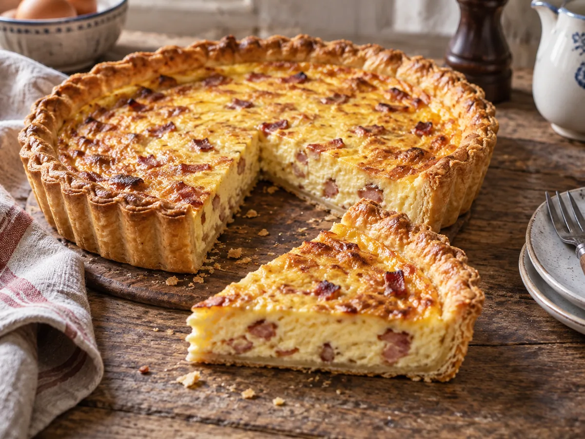 Quiche lorraine: Tarta salada de Lorena con masa quebrada, panceta ahumada y crema de huevo.
