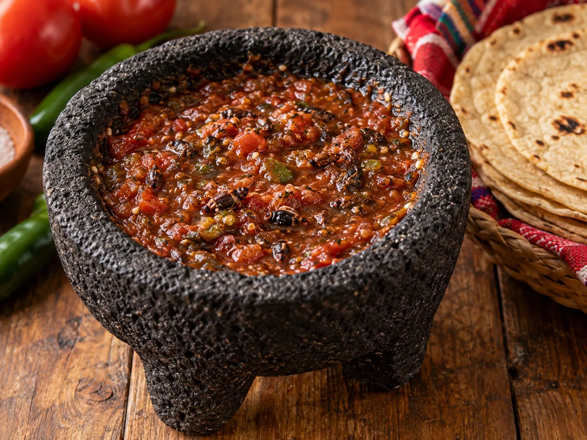 Salsa de jumiles: Salsa molcajeteada de jitomate y chile con jumiles bien cocidos, insectos de sabor acanelado típicos de Taxco.