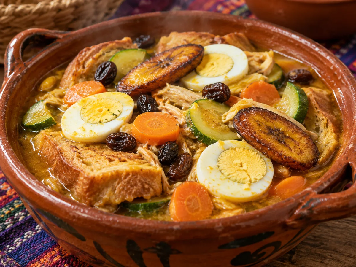 Sopa de pan coleta: Guiso festivo de rebanadas de pan coleto tostado, verduras, huevo y plátano frito, bañado en un caldo especiado con azafrán.