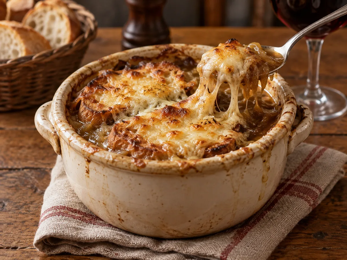 Sopa de cebolla gratinada: Sopa francesa de cebolla caramelizada con caldo, pan tostado y queso gratinado.