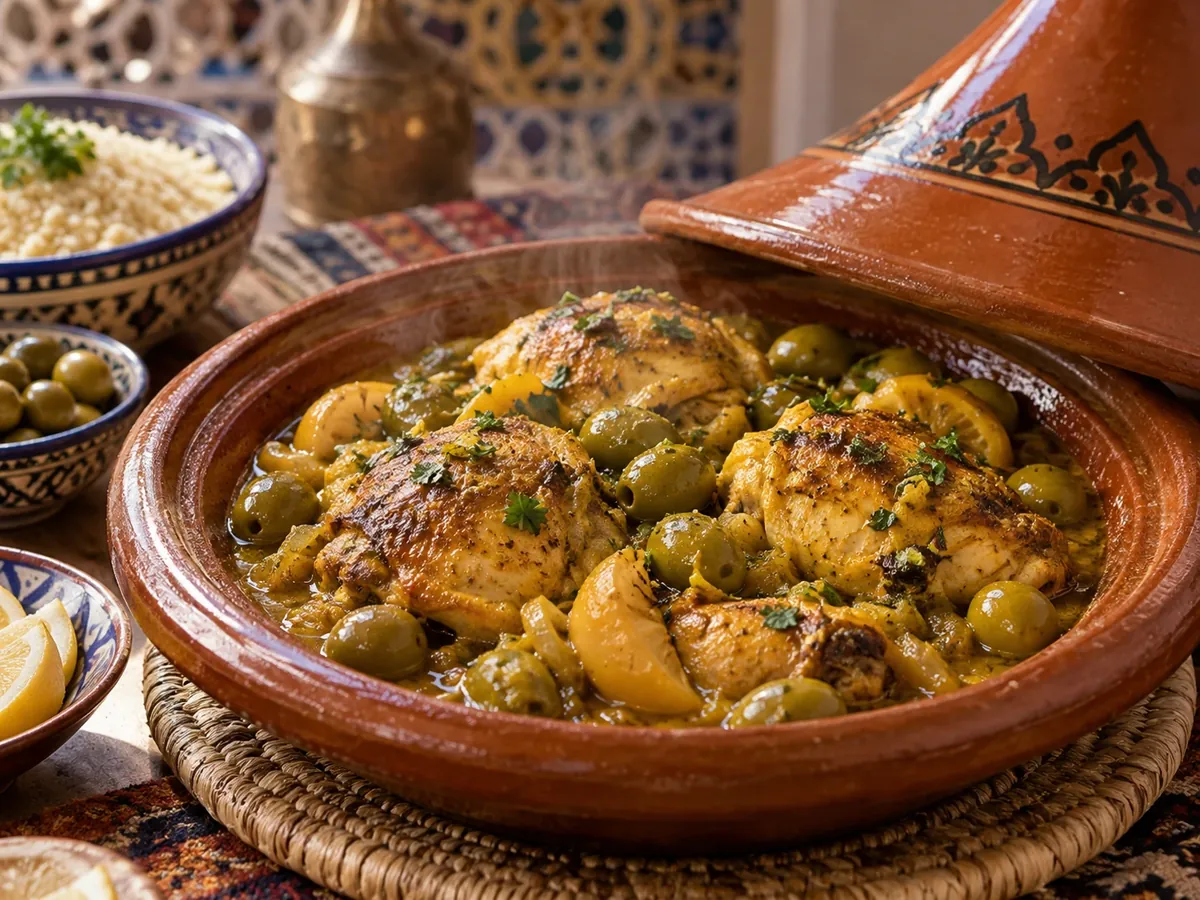 Tajín marroquí de pollo con limón y aceitunas: Pollo cocido lentamente con limón en conserva, aceitunas verdes, cebolla, hierbas y especias aromáticas en un tajín marroquí.