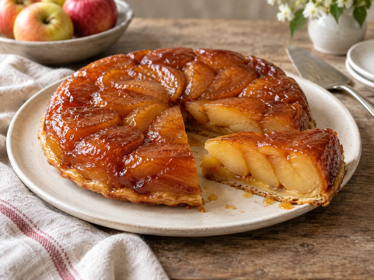 Tarte Tatin: Tarta francesa invertida de manzanas caramelizadas sobre una base crujiente de hojaldre.