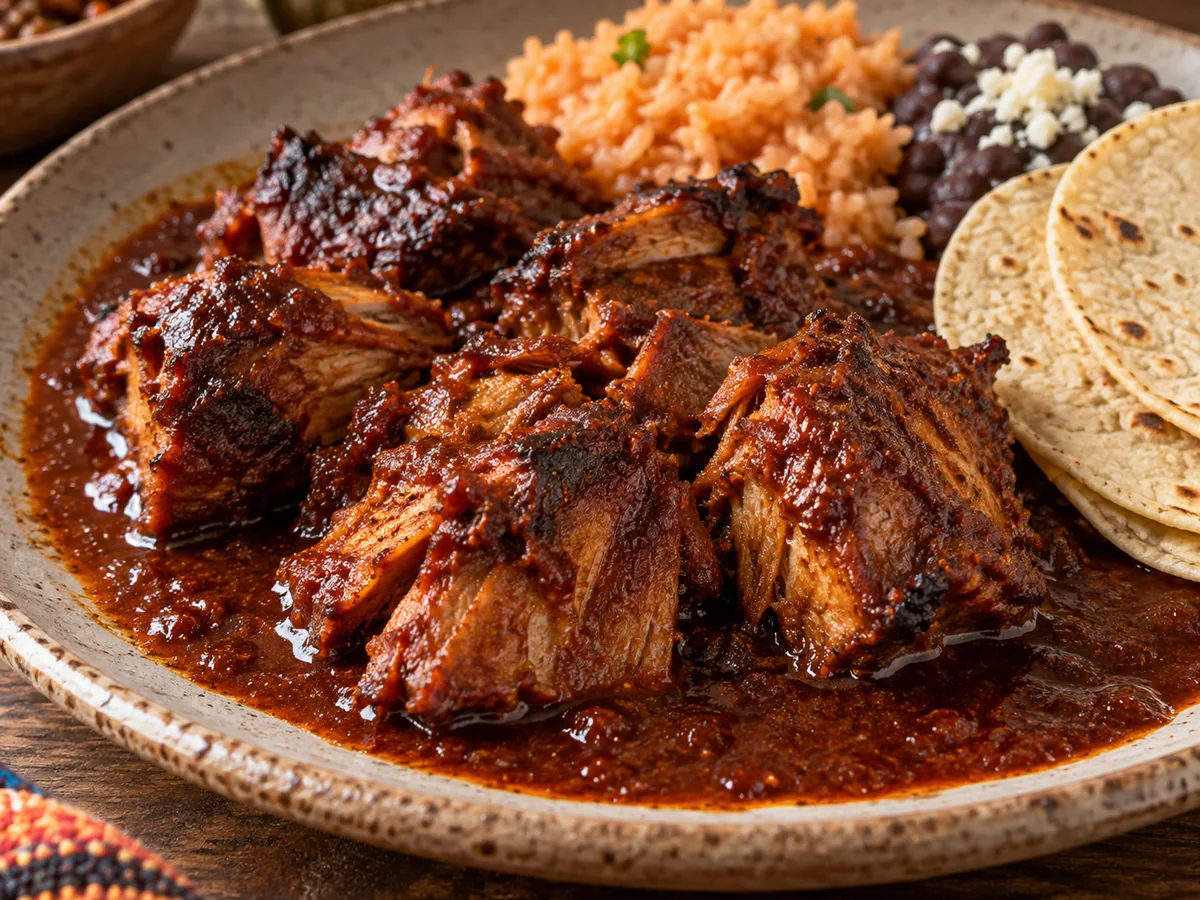 Tatemado de puerco estilo Comala: Guiso de cerdo cocido lentamente en adobo de chiles secos, especias y vinagre, de sabor profundo y ahumado.